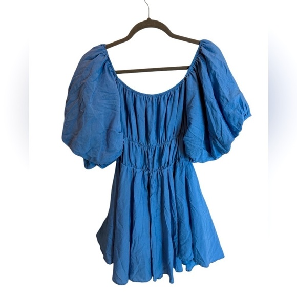 & Merci Sidney Blue Mini Ruffle Dress Size Large Cotton Boho Puffy Sleeve - Picture 2 of 3